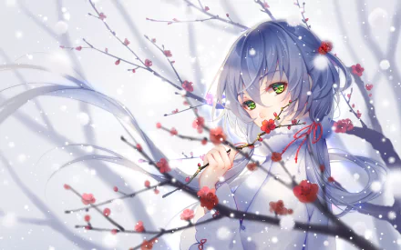 HD desktop wallpaper featuring Vocaloid character Luo Tianyi in an anime style. She is surrounded by blooming branches and snowflakes, creating a serene and artistic background.