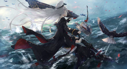 HD desktop wallpaper featuring Enterprise from the anime game Azur Lane. The image portrays her standing heroically on a ship amidst tempestuous waves, with an eagle soaring nearby.