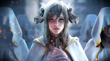 A fantasy-themed HD desktop wallpaper featuring a demon-like figure with grey hair, orange eyes, horns, a scar, and tears, holding a cross. The background is ethereal and atmospheric.