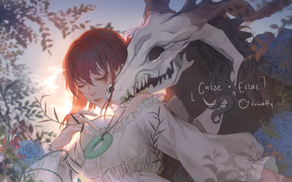 HD wallpaper featuring Chise Hatori and Elias Ainsworth from the anime The Ancient Magus' Bride. Chise is holding a green pendant, set against a soft, twilight background with flowers.