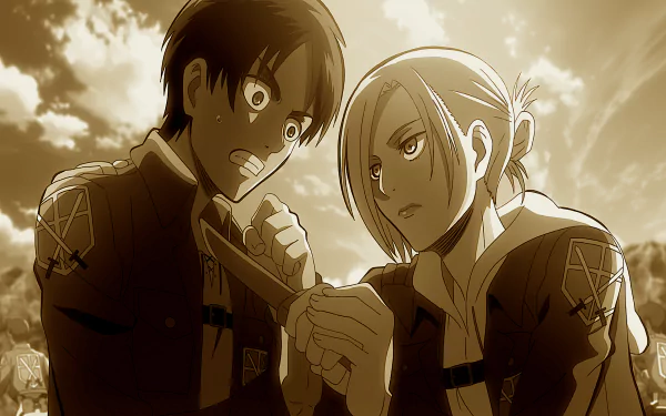 Sepia-toned HD desktop wallpaper featuring Eren Yeager and Annie Leonhart from the anime Attack on Titan in an intense moment.