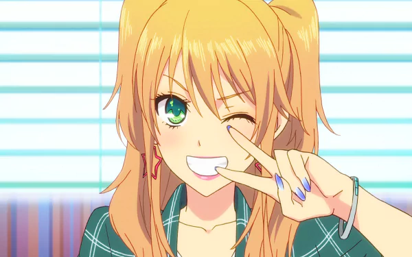 HD desktop wallpaper featuring Yuzu Aihara from the anime Citrus, winking and making a peace sign with her hand. The background includes horizontal blinds with light streaming through.