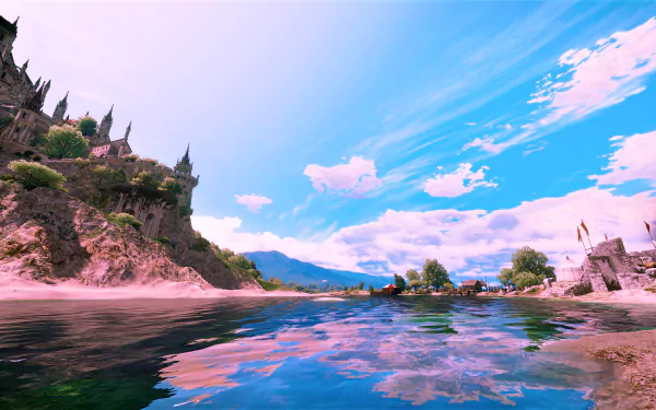 HD PC desktop wallpaper featuring a vibrant fantasy landscape from The Witcher 3: Wild Hunt - Blood and Wine video game, showcasing a serene water scene and distant castles.