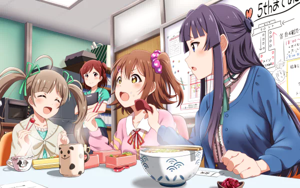Four characters from THE iDOLM@STER: Million Live!—Misaki Aoba, Shizuka Mogami, Mirai Kasuga, and Serika Hakozaki—gather around a table in a bright room, depicted in vibrant anime style.
