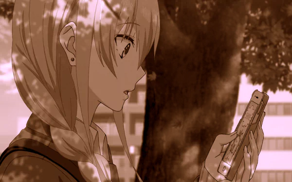 Sepia image of Yuzu Aihara from Citrus (Anime), holding a phone and looking intently. The image serves as an HD desktop wallpaper and background.