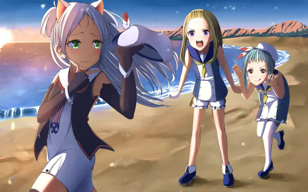 HD PC wallpaper: Azur Lane's Charles Ausburne, Sims, and Thatcher in sailor outfits on a sunlit beach at sunset — one holding a hat, two running and laughing.