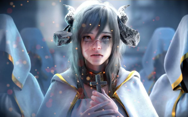 A fantasy-themed HD desktop wallpaper featuring a demon-like figure with grey hair, orange eyes, horns, a scar, and tears, holding a cross. The background is ethereal and atmospheric.