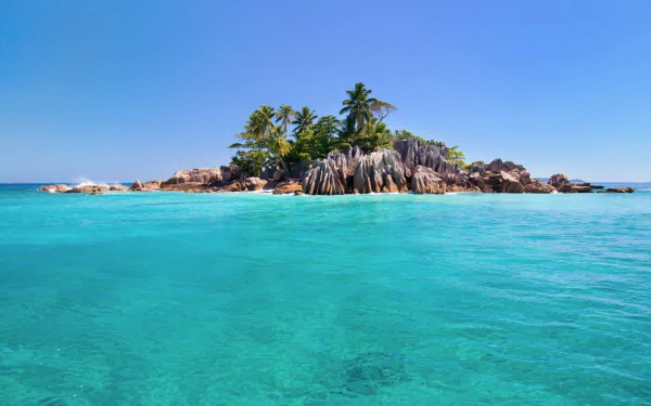Turquoise tropical sea surrounds a small island in the Seychelles, featuring palm trees and rocky shores under a clear blue sky.