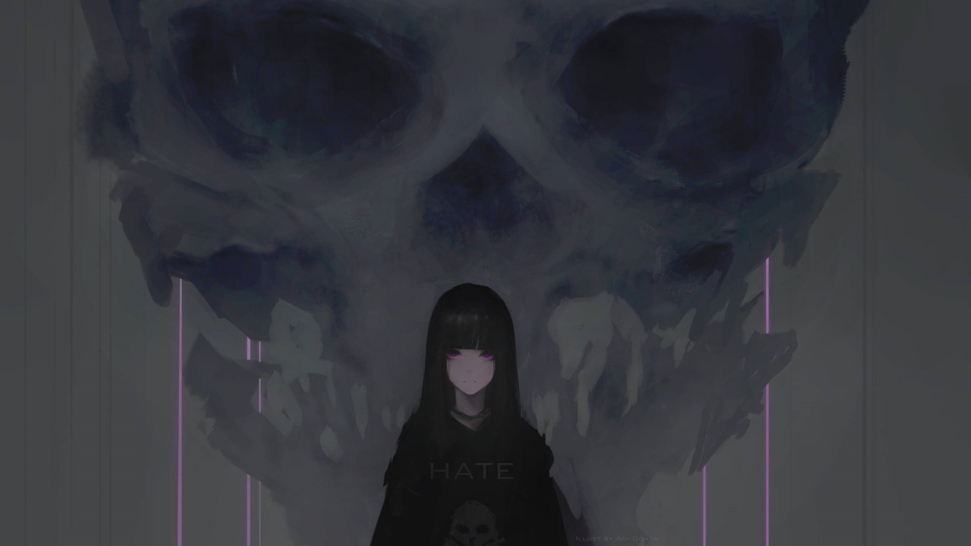 Anime-style artwork featuring a character with black, long hair and purple eyes, standing in front of a giant skull. The background has a dark, eerie atmosphere. This HD desktop wallpaper conveys a haunting theme.