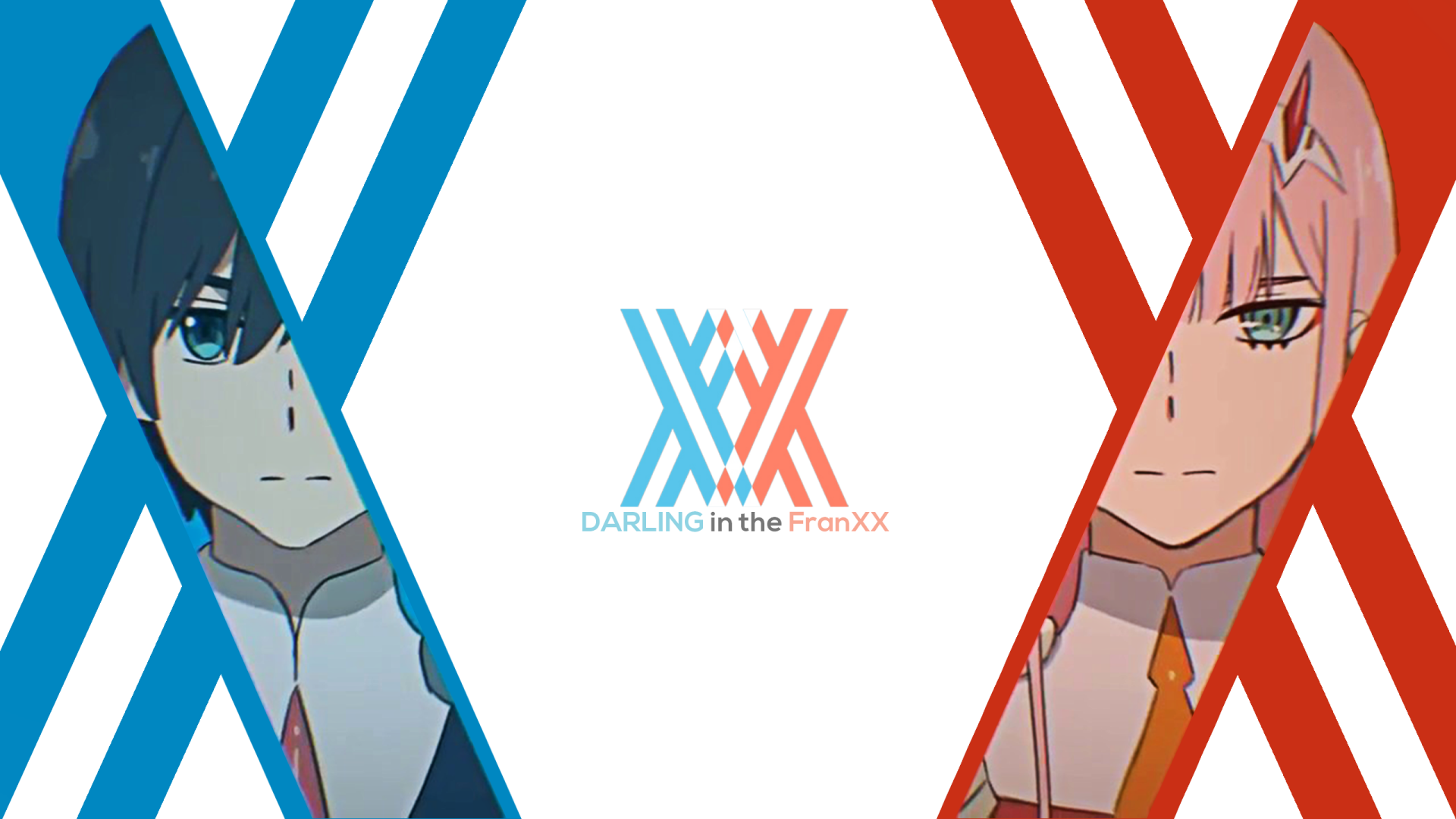 HD desktop wallpaper featuring Hiro and Zero Two from the anime Darling in the FranXX with blue and red accents and the series title in the center.