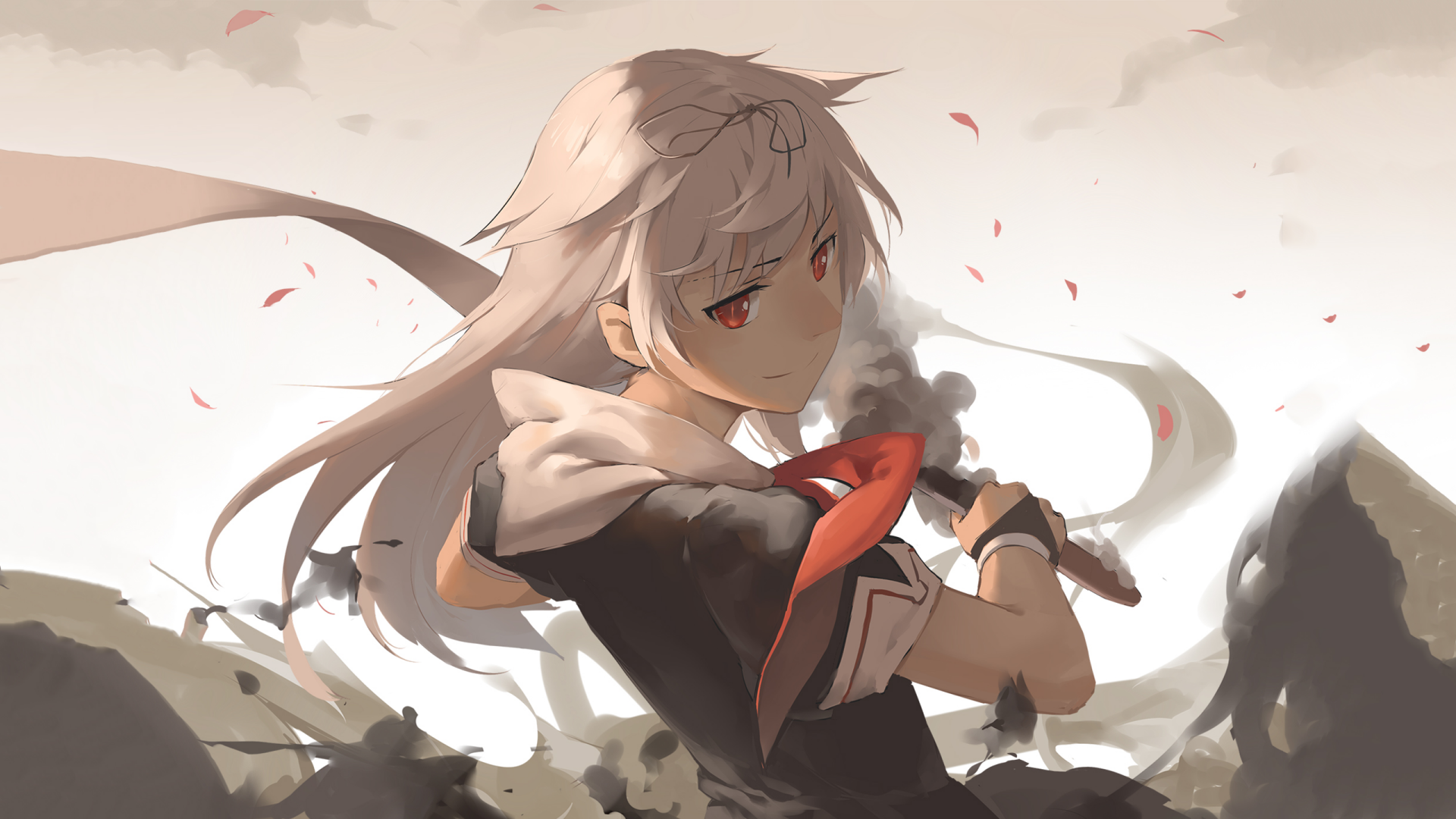 HD PC desktop wallpaper featuring Yuudachi from Kantai Collection, depicted in anime style with dynamic pose and soft, muted background tones.