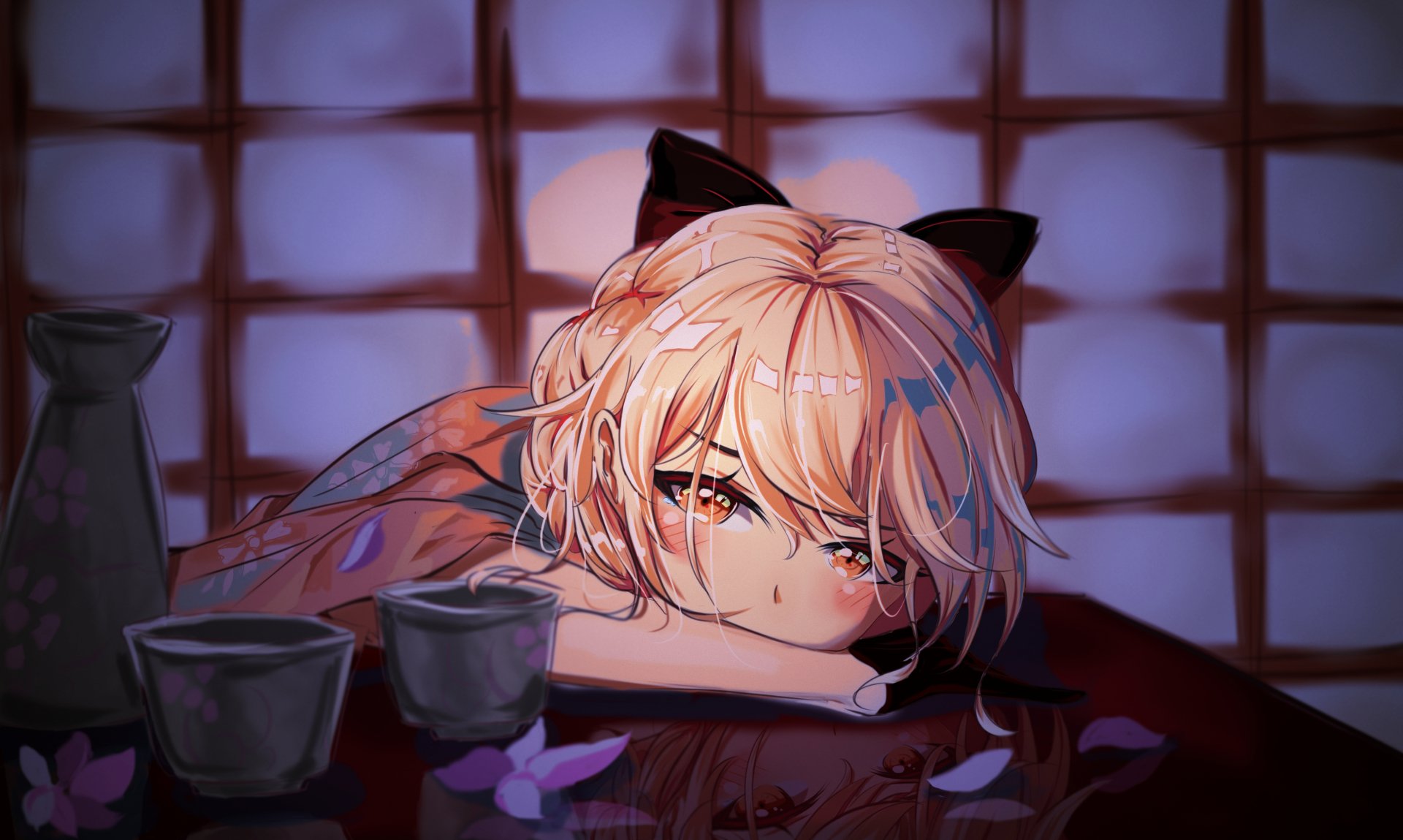 HD desktop wallpaper featuring OTs-14 from the video game Girls Frontline. The character is resting her head on a table, with a serene expression, set against a warmly lit background.