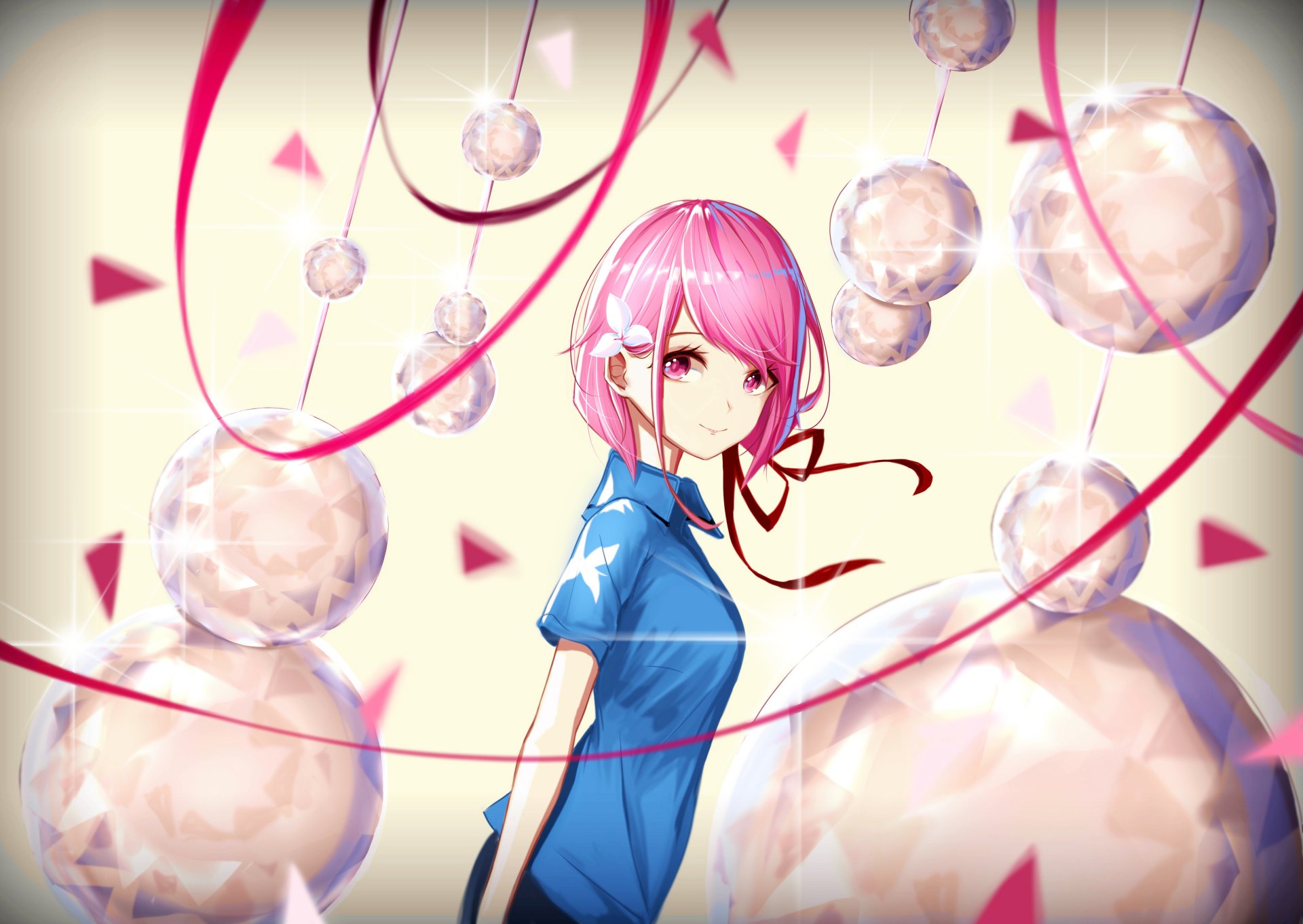 Anime-style original artwork featuring a pink-haired character in a blue outfit surrounded by floating spheres and red ribbons, rendered in 4K Ultra HD for PC desktop wallpaper.