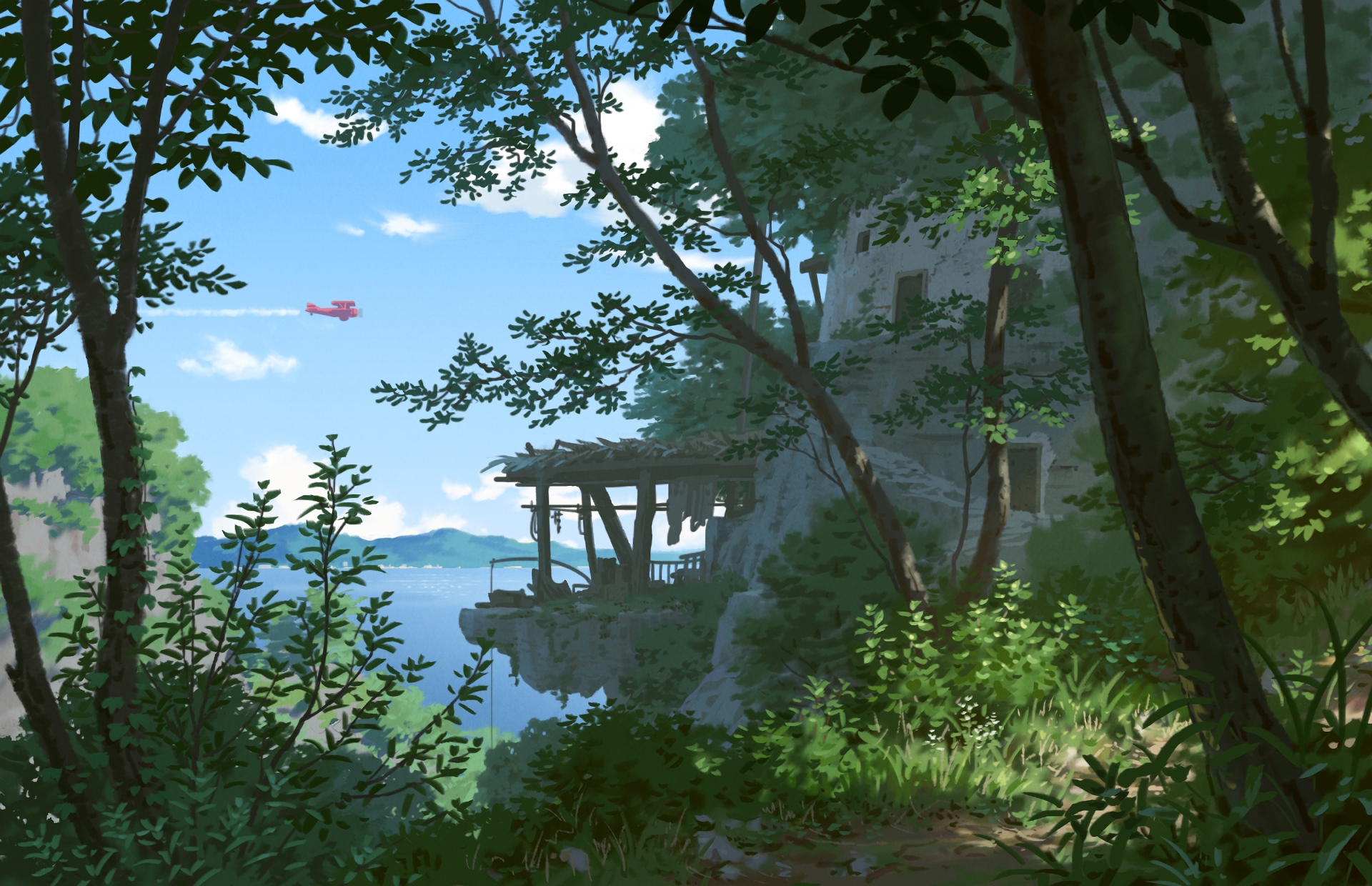 HD original anime desktop wallpaper depicting a serene forest scene with lush greenery, a cliffside structure, and a distant plane flying above a calm landscape.