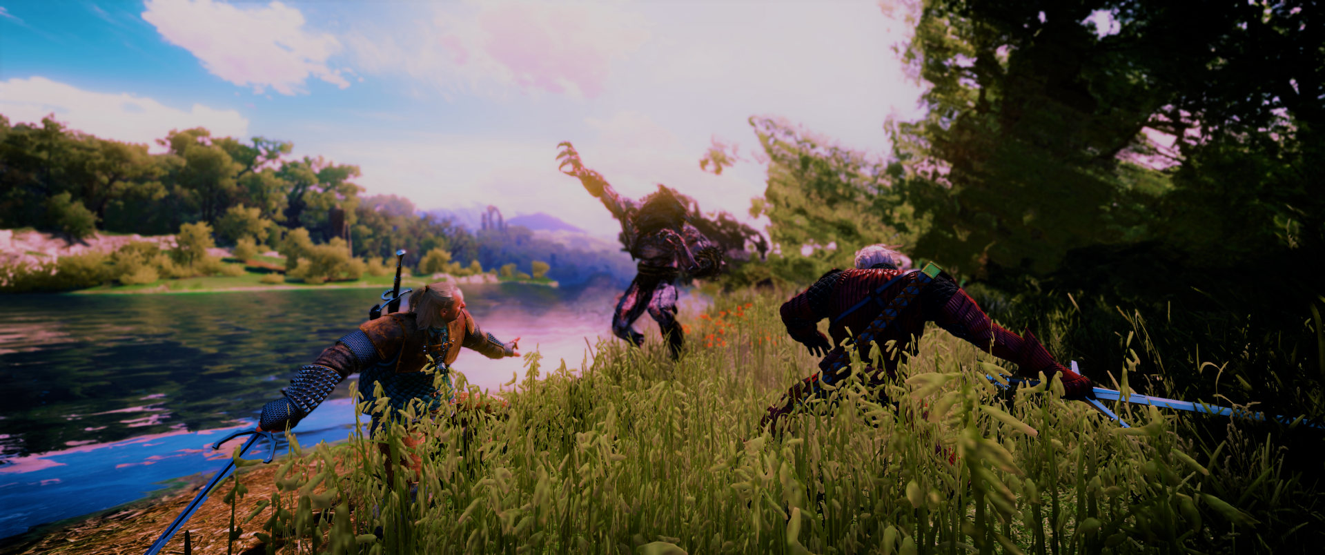 HD PC desktop wallpaper featuring a dynamic battle scene from The Witcher 3: Wild Hunt - Blood and Wine, showcasing fantasy action in a lush outdoor environment.