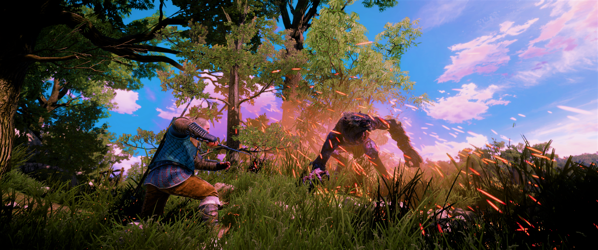 HD fantasy desktop wallpaper from The Witcher 3: Wild Hunt - Blood and Wine featuring a battle between Geralt and a monstrous creature in a vibrant, sunlit forest.