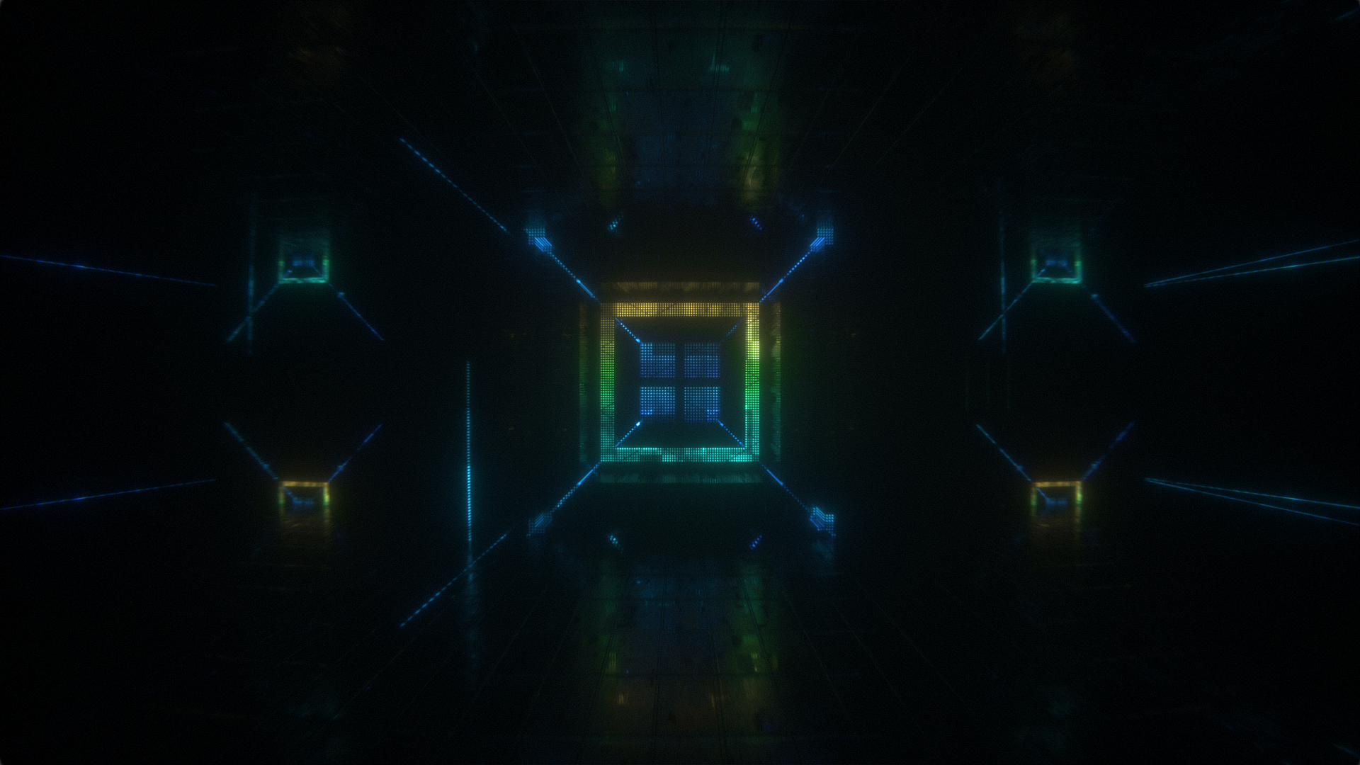 HD PC desktop wallpaper featuring abstract shapes and dots with reflective, glowing lines forming a futuristic tunnel-like pattern on a dark background.