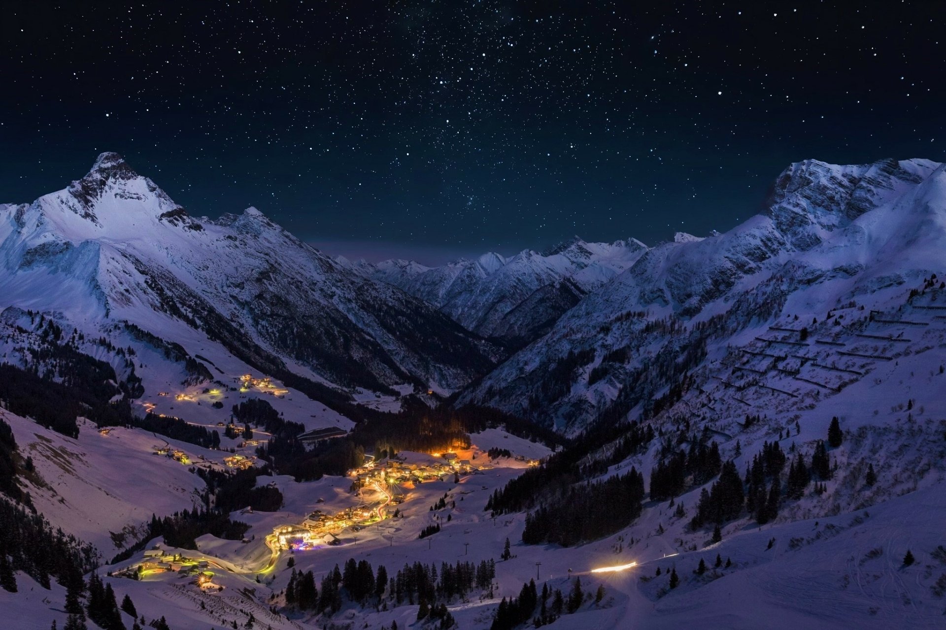 Snowy Mountain Valley At Night HD Wallpaper