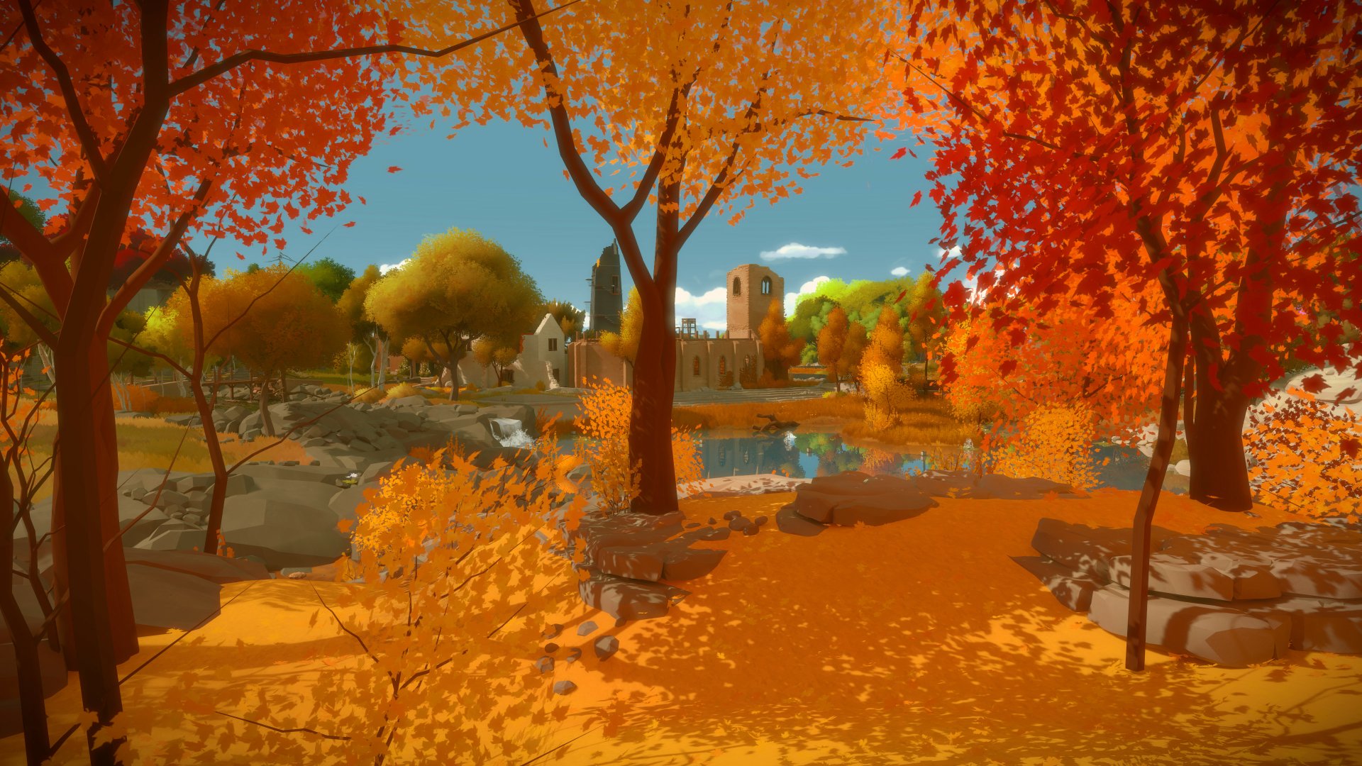 4K Ultra HD PC desktop wallpaper featuring a vibrant autumn scene from the video game The Witness, showcasing orange foliage and a serene landscape.