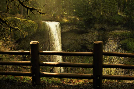 A serene view of Silver Falls waterfall in Silver Falls State Park, framed by a wooden fence amid dense forest, captured in 4K Ultra HD.