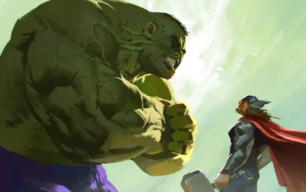 4K Ultra HD Marvel Comics desktop wallpaper featuring Thor and Hulk standing face-to-face, showcasing iconic heroes in a dynamic comic-style illustration.