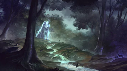 HD fantasy wallpaper of a giant warrior and a large spectral wolf in a night-time forest setting, with streams of light illuminating the scenery.