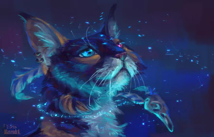 A captivating fantasy artwork featuring a cat with heterochromia, surrounded by a mystical, glowing aura. This HD wallpaper brings a touch of magic to any desktop background.