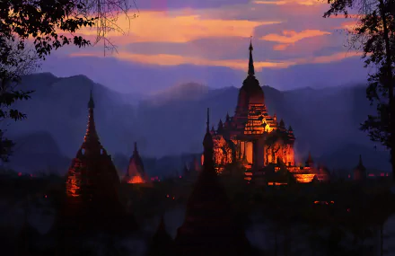 HD fantasy PC desktop wallpaper depicting a glowing temple complex at sunset, surrounded by silhouetted trees and misty mountains in the background.