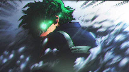 HD desktop wallpaper featuring Izuku Midoriya from My Hero Academia. He has green hair, glowing green eyes, and freckles, with an intense look and dynamic background.