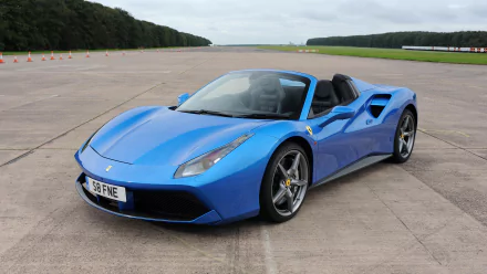 Blue Ferrari 488 Spider supercar — a sleek Ferrari car and vehicle captured for a 4K Ultra HD PC desktop wallpaper/background on an empty airstrip.