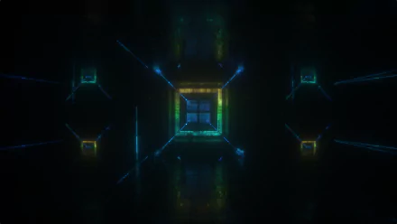 HD PC desktop wallpaper featuring abstract shapes and dots with reflective, glowing lines forming a futuristic tunnel-like pattern on a dark background.