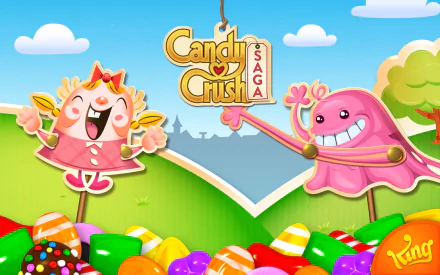 HD desktop wallpaper featuring colorful characters and candies from the popular video game Candy Crush Saga.