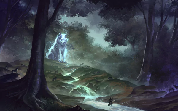 HD fantasy wallpaper of a giant warrior and a large spectral wolf in a night-time forest setting, with streams of light illuminating the scenery.