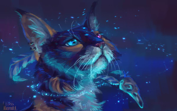 A captivating fantasy artwork featuring a cat with heterochromia, surrounded by a mystical, glowing aura. This HD wallpaper brings a touch of magic to any desktop background.