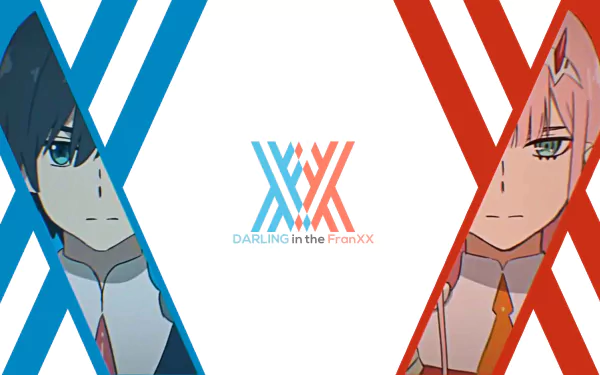 HD desktop wallpaper featuring Hiro and Zero Two from the anime Darling in the FranXX with blue and red accents and the series title in the center.