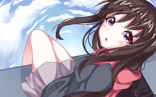 HD desktop wallpaper of Hiyori Iki from the anime Noragami, featuring Hiyori sitting against a backdrop of a bright blue sky with white clouds, looking up with a thoughtful expression.