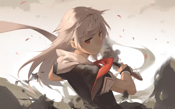 HD PC desktop wallpaper featuring Yuudachi from Kantai Collection, depicted in anime style with dynamic pose and soft, muted background tones.