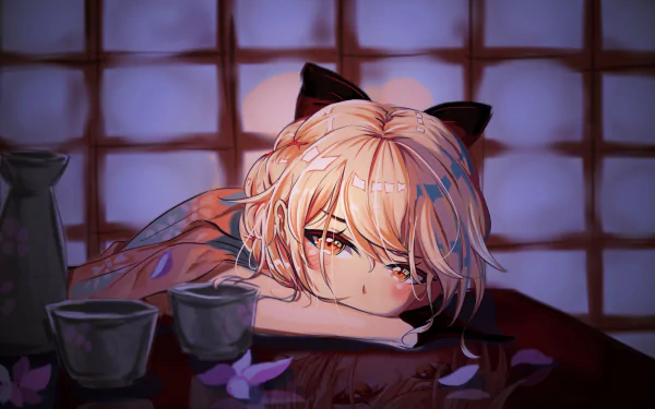 HD desktop wallpaper featuring OTs-14 from the video game Girls Frontline. The character is resting her head on a table, with a serene expression, set against a warmly lit background.