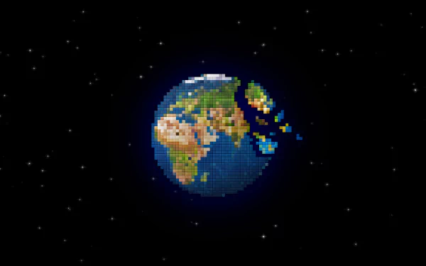 Pixel art depiction of Earth in space with a starry background, serving as a high-definition desktop wallpaper and background.