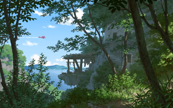 HD original anime desktop wallpaper depicting a serene forest scene with lush greenery, a cliffside structure, and a distant plane flying above a calm landscape.