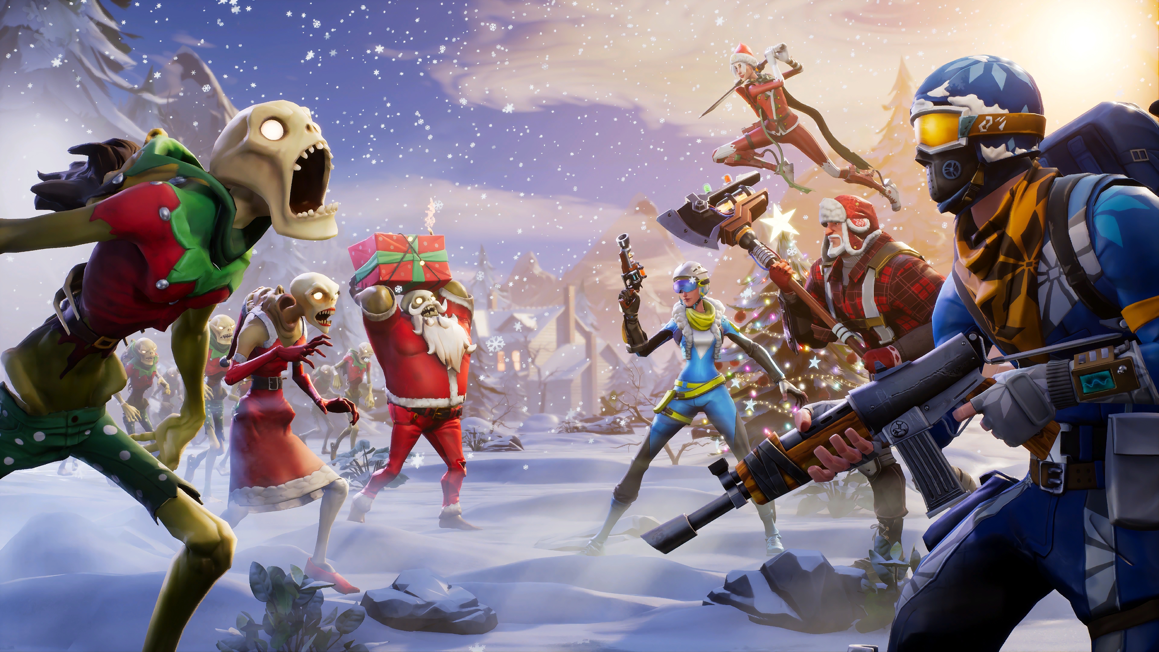 HD desktop wallpaper of a Fortnite winter-themed battle scene featuring various characters, including holiday-themed skins, amidst a snow-filled landscape.