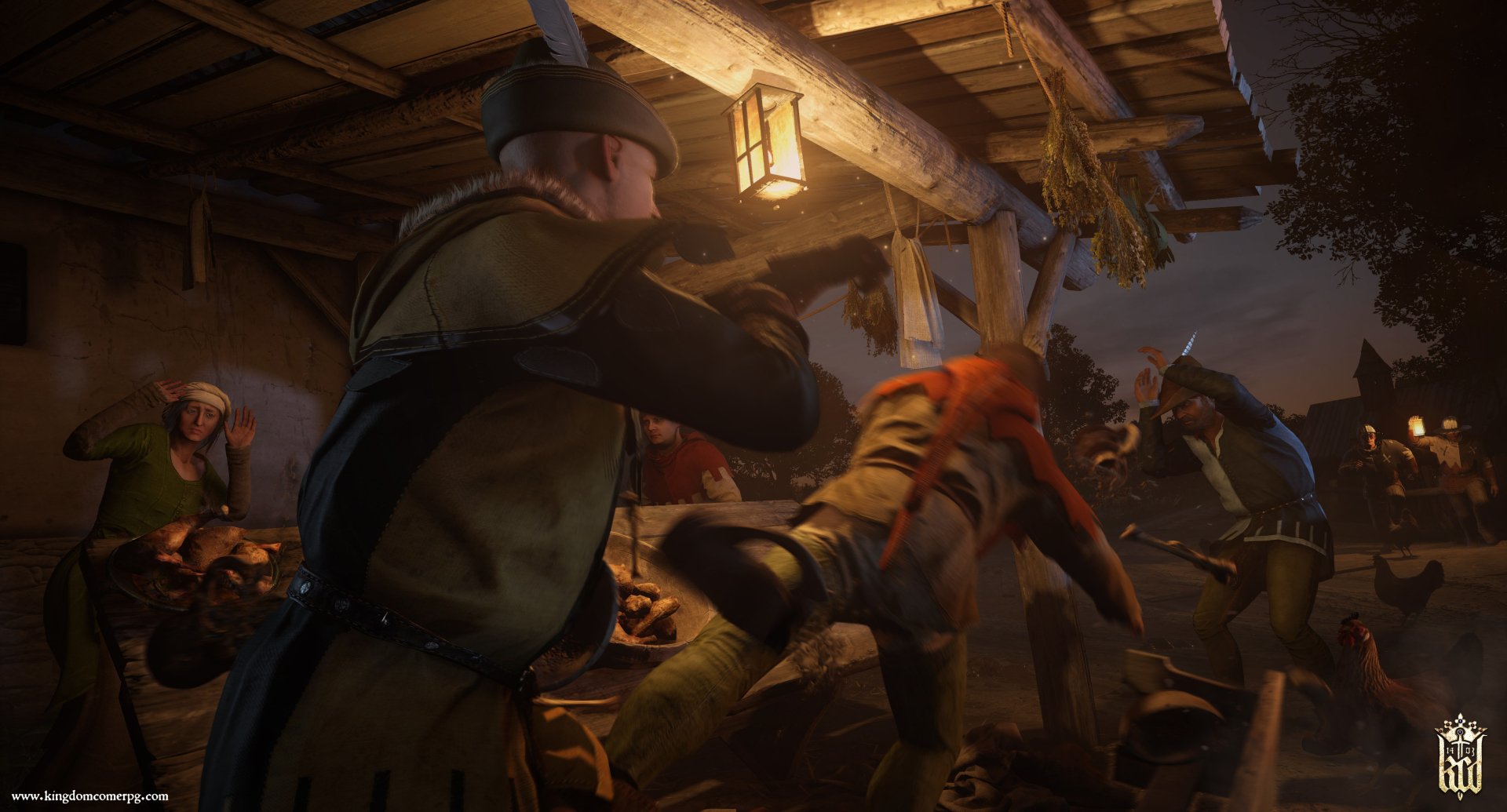 HD PC desktop wallpaper from the video game Kingdom Come: Deliverance, depicting a nighttime battle scene with armored fighters clashing under wooden beams.