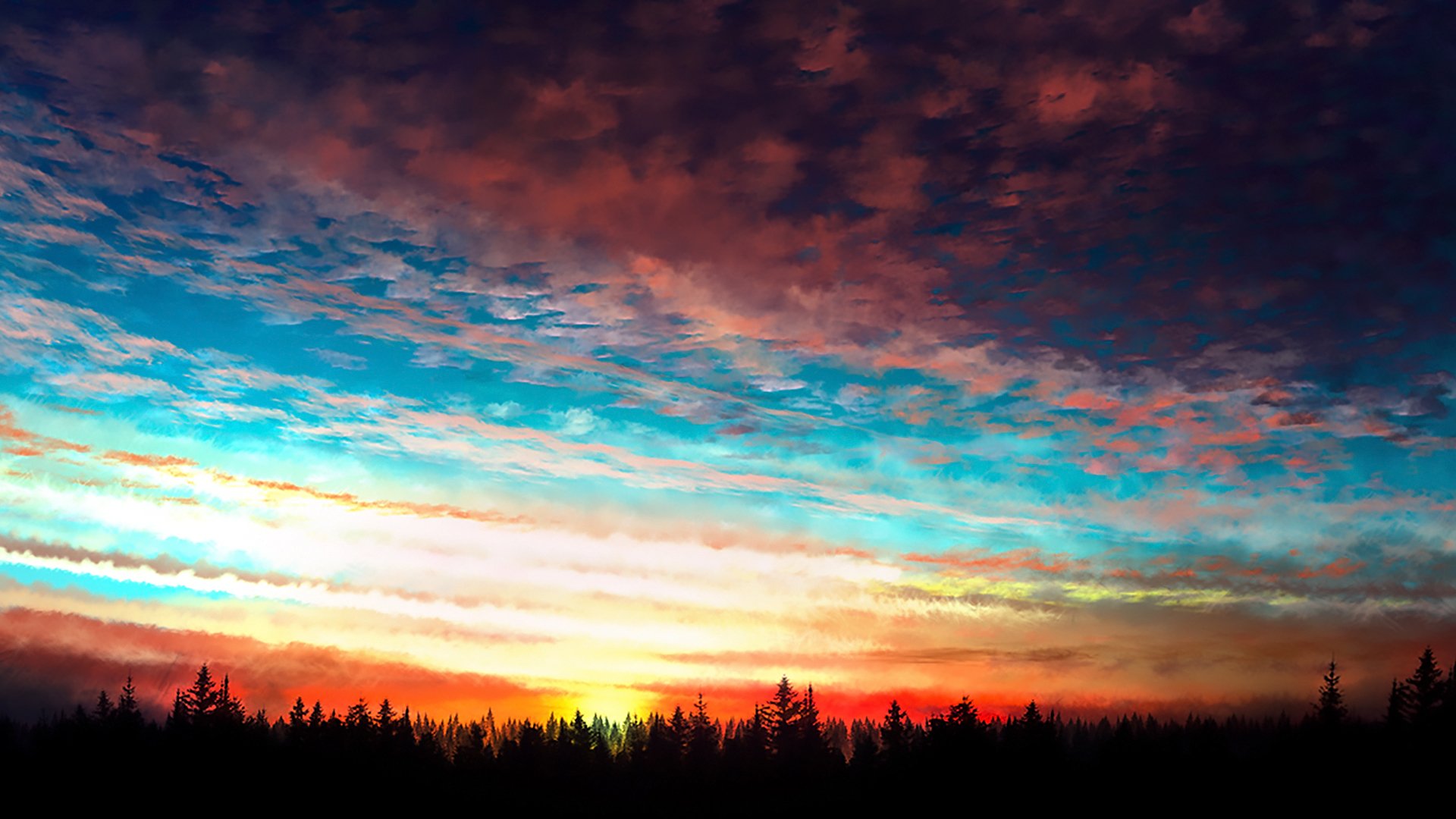 A vibrant anime-inspired sunset scene with striking colors and silhouettes of trees, serving as a captivating HD desktop wallpaper and background.