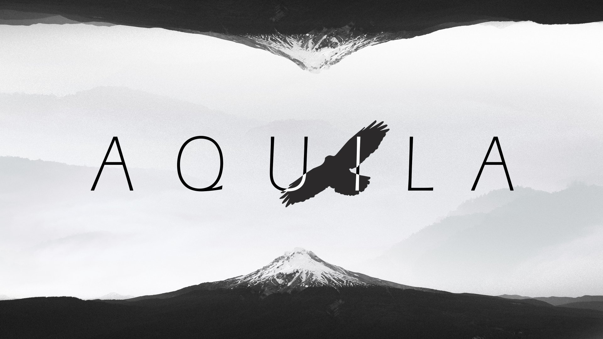 Artistic 4K Ultra HD PC desktop wallpaper: white-gray mirrored mountain panorama with a black eagle silhouette centered over AQUILA lettering.