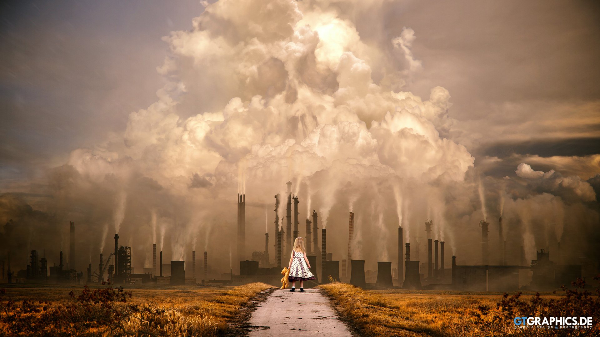 A little girl clutching a stuffed animal stands on a path leading to an industrial factory, surrounded by smoke. The fantasy-like scene creates a striking contrast between innocence and industrialization. HD desktop wallpaper.