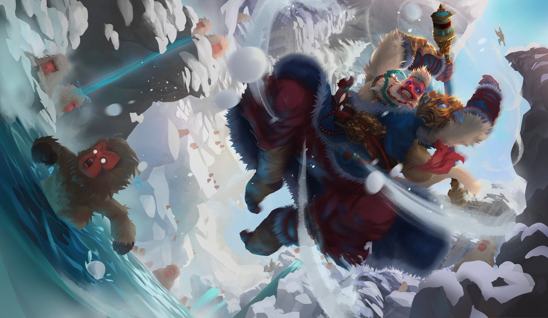 HD desktop wallpaper featuring Wukong from League of Legends in an Ionia-themed environment, showcasing a dynamic action scene with vibrant colors and intricate details.