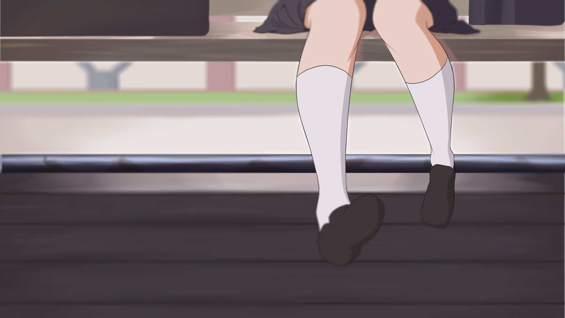 Anime — Tamako Market, 2K Quad HD PC desktop wallpaper: a girl's legs in white knee socks dangling from a bench.