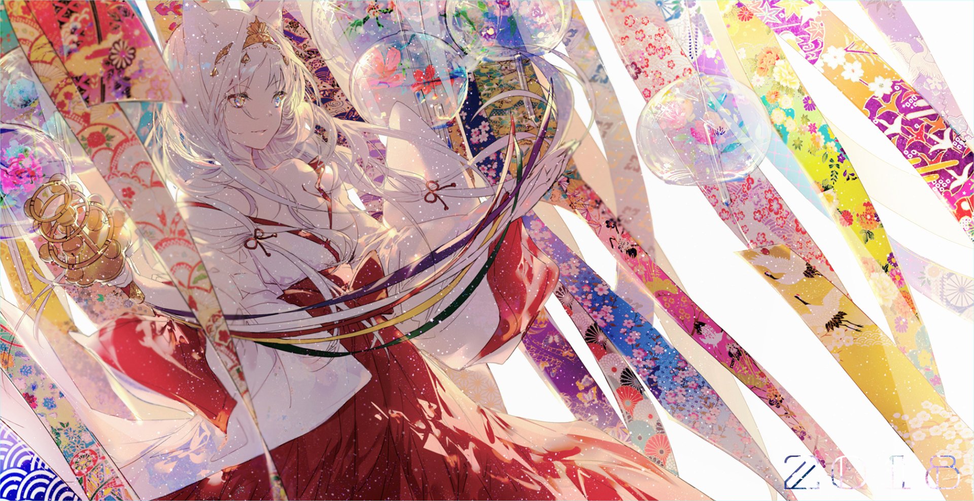 A stunning HD anime wallpaper featuring an original character, adorned in traditional attire with flowing ribbons. The light and colorful elements create a vibrant and dynamic background.