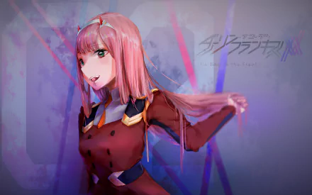 4K Ultra HD anime wallpaper featuring Zero Two from Darling in the FranXX with vibrant colors and dynamic pose, styled for a PC desktop background.