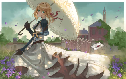 The image features Violet Evergarden, an anime character, in an elegant dress holding a parasol. The HD desktop wallpaper captures a picturesque outdoor scene with a serene backdrop of buildings and flowers.